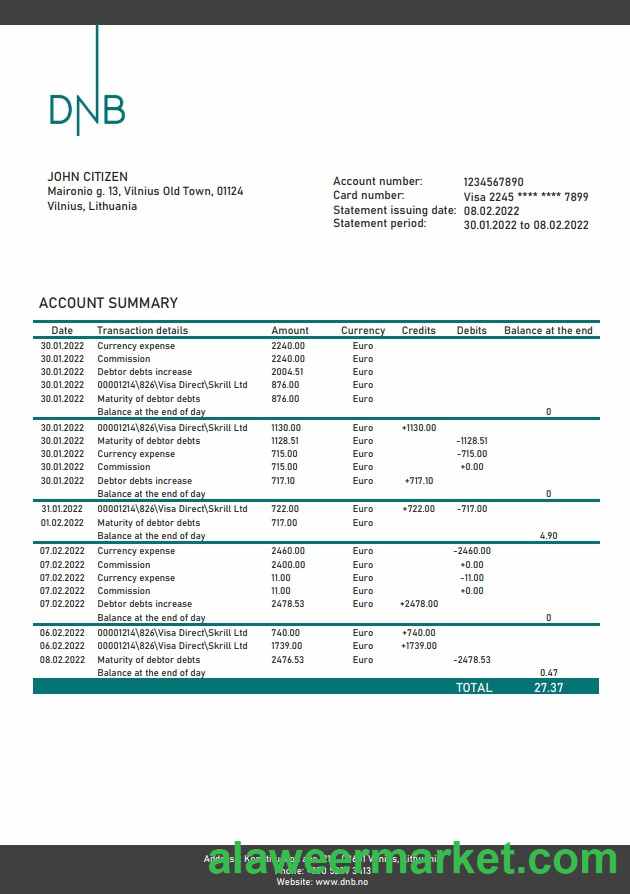 Lithuania DNB (Litva) bank statement